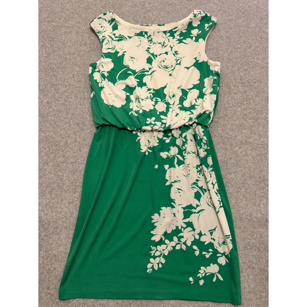 London Times Green White Floral Blouson Sleeveless Sheath Dress Size 14